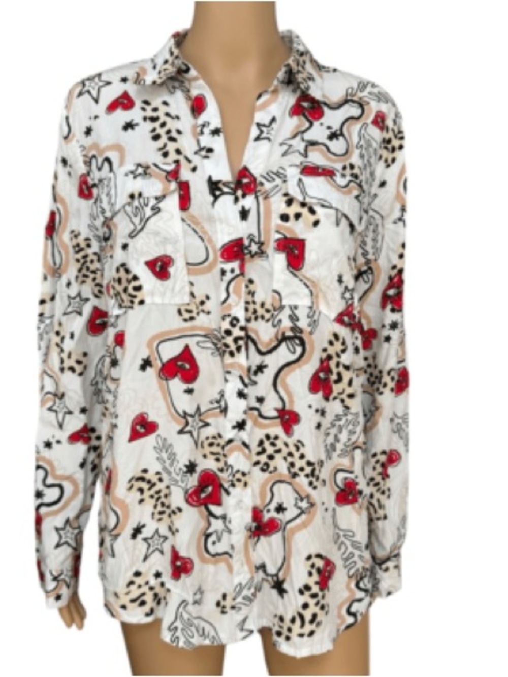 Milk& Honey Womens Button-Down Shirt - White with Red Heart Leopard Print